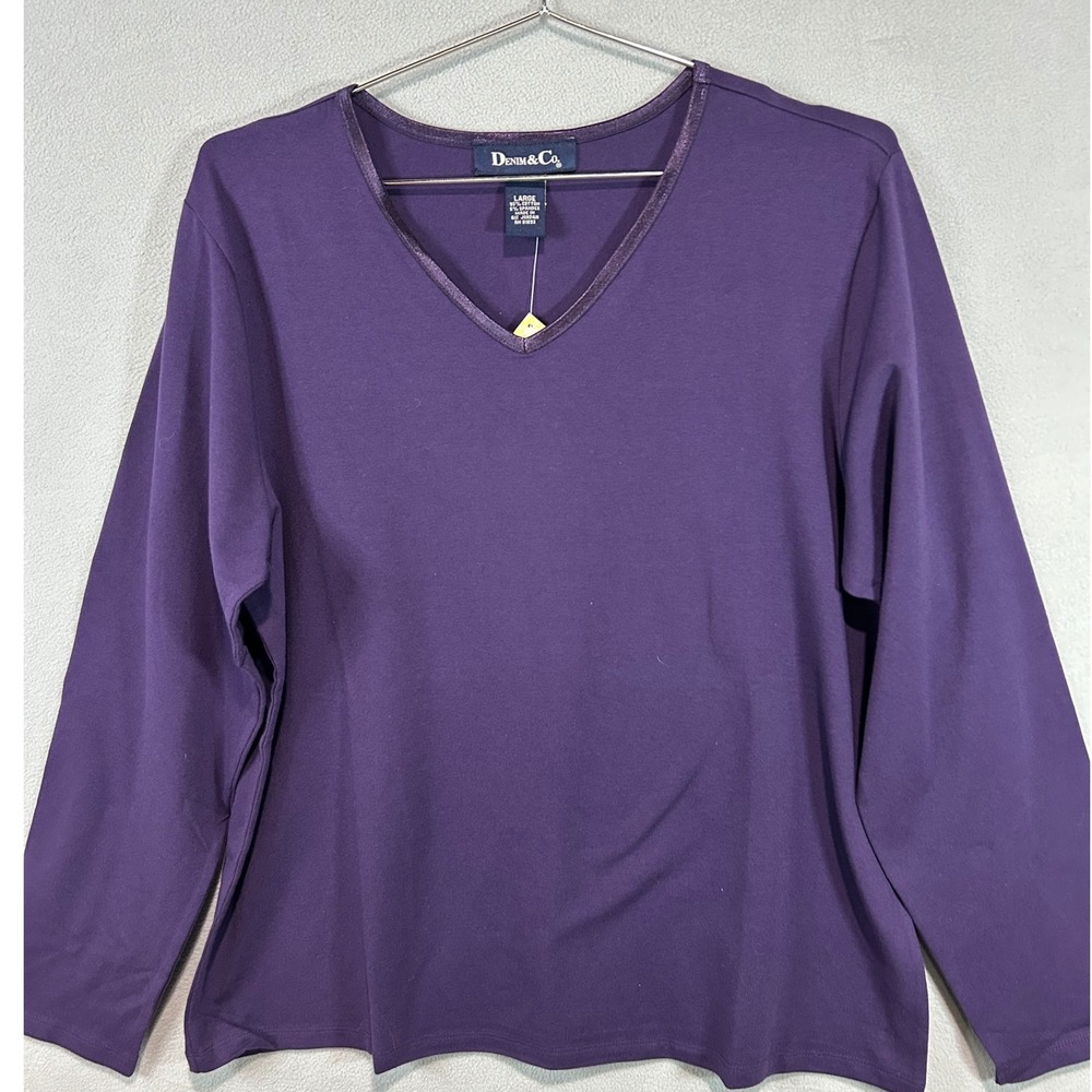 Denim & Co Long Sleeve Top Womens‎ Large Purple V-Neck Cotton Blend Basic Tee
